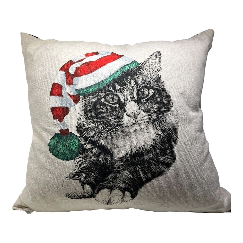 Vintage Christmas Cat Throw Pillow 15 X 17" Holiday Tabby Cotton Made in USA